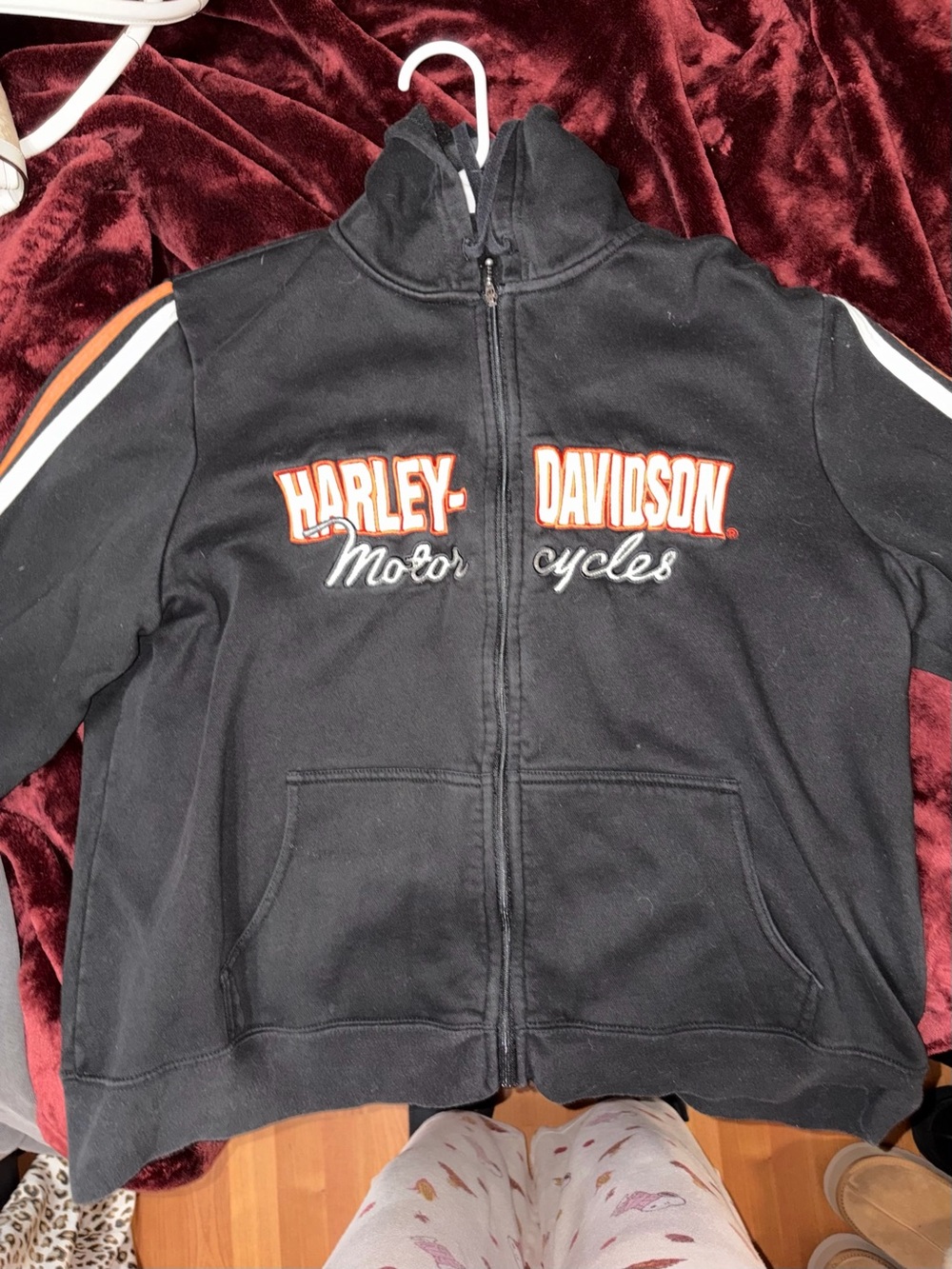Harley-Davidson Black Full-Zip Hoodie with Orange & White Stripe Accents